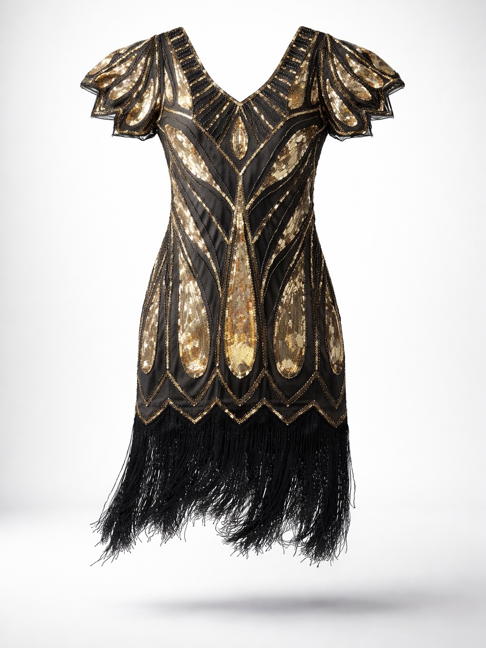 Black and Gold Sequin Fringe Mini Dress